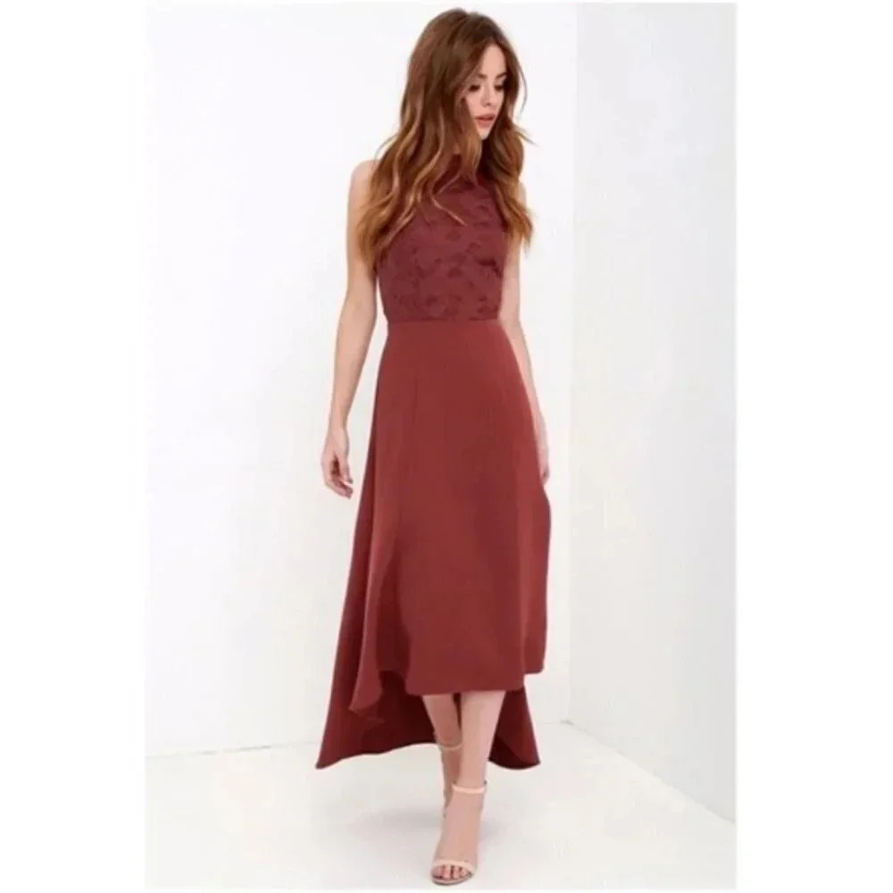 Keepsake All Talk Hi-Low Dress Maroon Halter Neck
